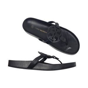 Tory Burch Miller Cloud Thong Sandals Perfect Black Calf Leather Logo Size 9.5 M